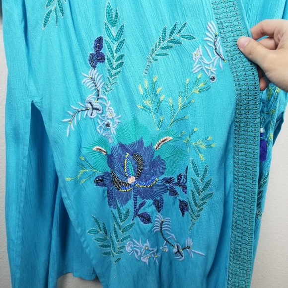 Chico's Aqua Blue Embroidery Beaded Bohemian Duster Kimono Beach Cover Up Sz S/M - Picture 6 of 12